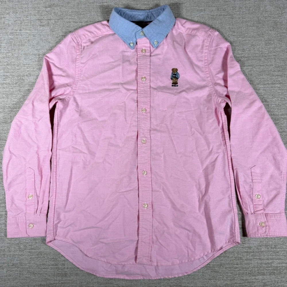 Ralph Lauren Oxford Shirt Boys L Pink Polo Bear L/S Button Down
